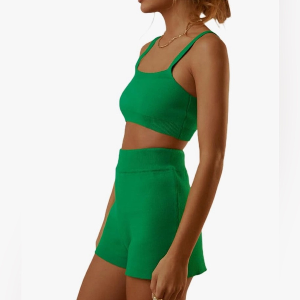 Size Small Amazon Two Piece Knit Womens Outfit Green Hi Rise Shorts & Crop Top